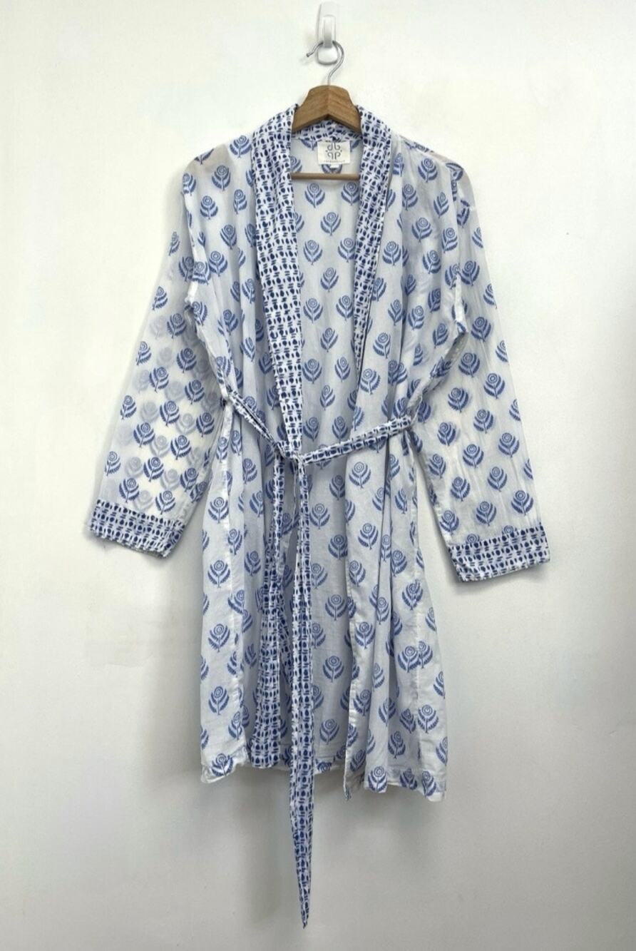 Pomegranate Floral Block Print Lightweight Cotton Tie Belted Boho Artsy Robe S/M